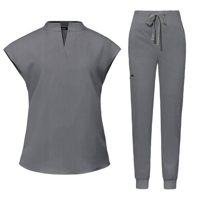 Ensembles de Casquettes Grises pour Femmes Col en V Spandex Travail Gommage Uniforme Basique Automne Été Ensembles 2025 Vêtements Mode Concert Pays m