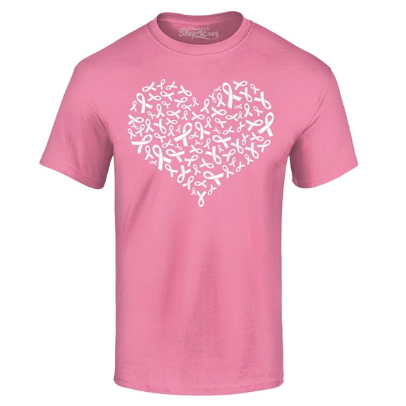Shop4Ever Men's Breast Cancer White Ribbon Montage Heart Graphic T-shirt XXXX-Large Azalea Pink