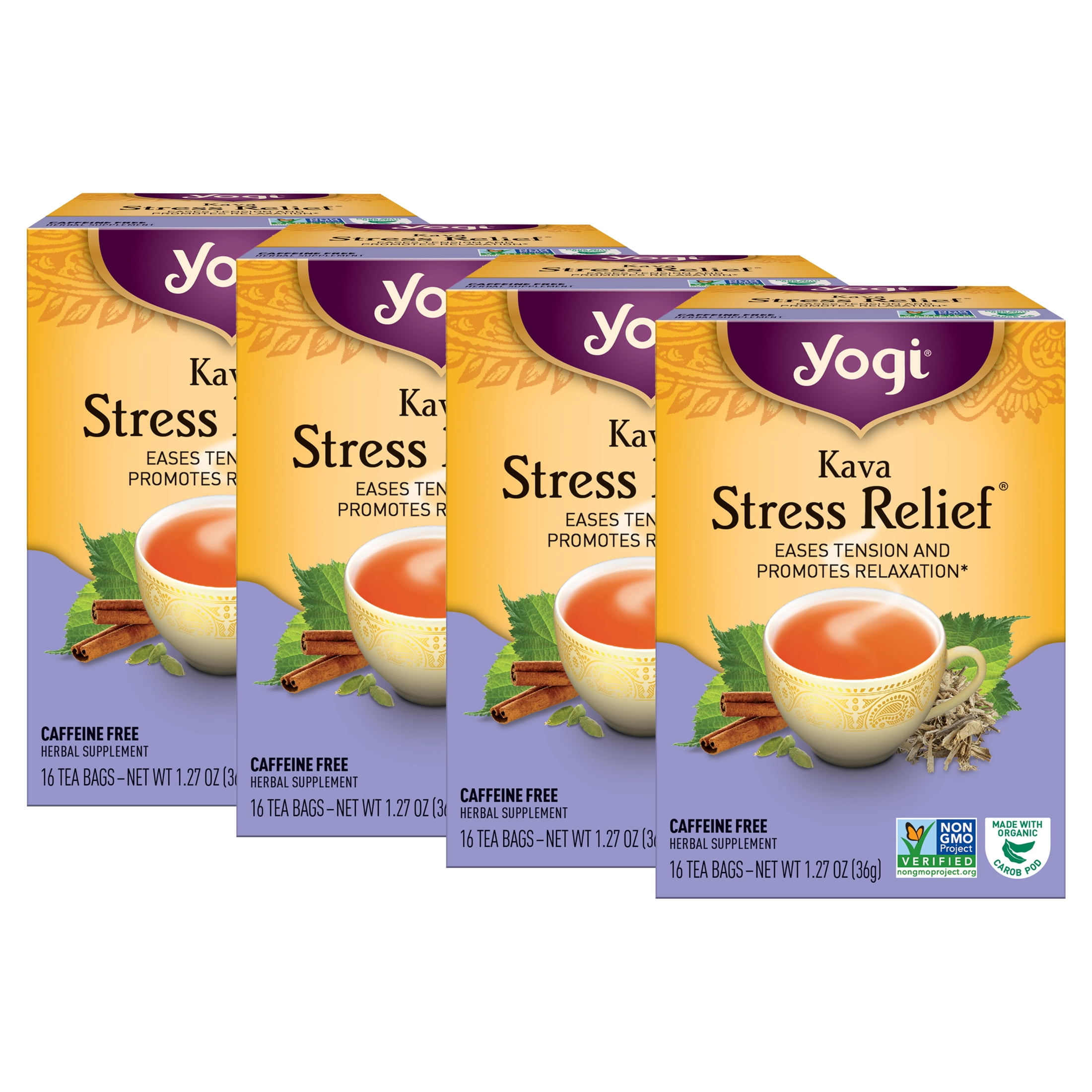 (4 pack) Yogi Tea Kava Stress Relief, CaffeineFree Herbal Tea Bags, 16