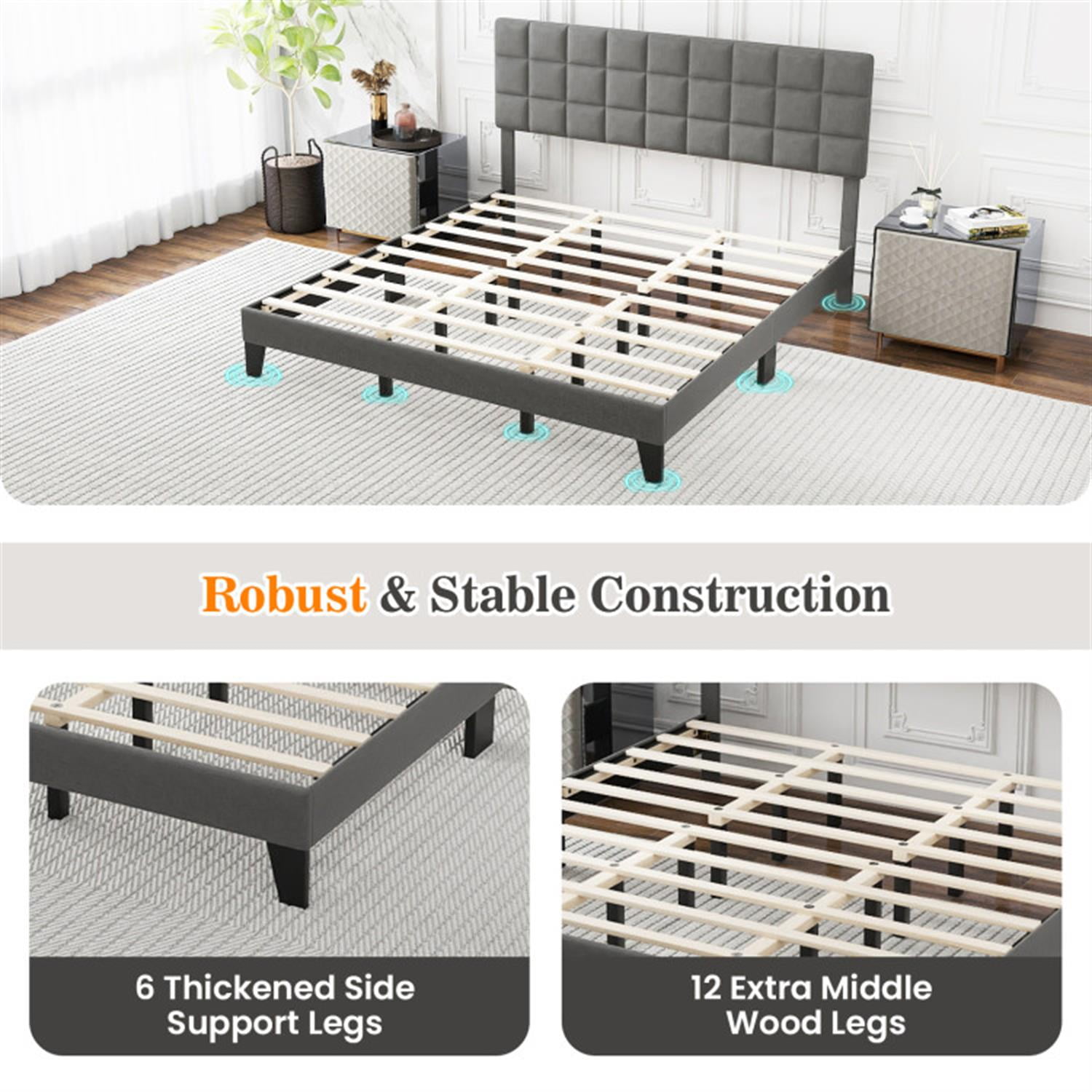 Demi Bonn King Size Bed Frame with Adjustable Headboard, Modern Linen Platform Bed Frame with 10 Strong Wood Slat Support, No Box Spring Needed, Gray