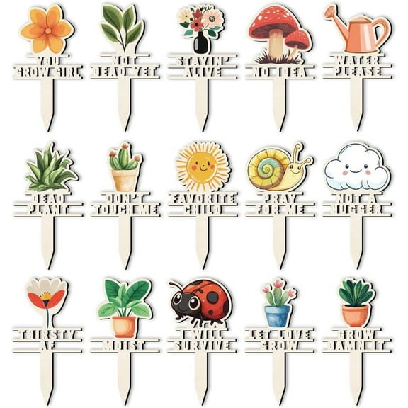 15 Pcs Funny Plant Markers 15 Styles Colorful Wooden Hollow Signs with Printed Words Tags