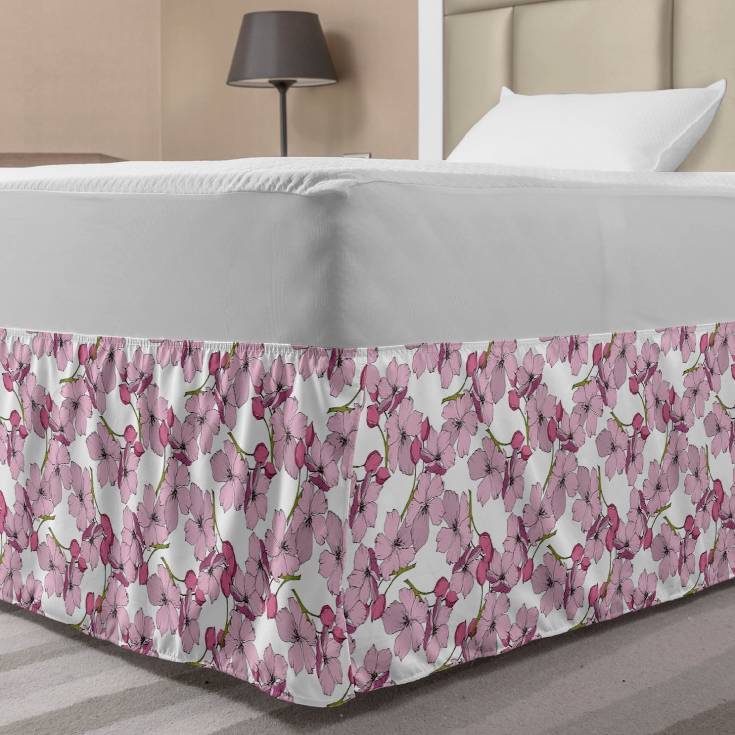 Pink Floral Bed Skirt, Feminine Botanical Pattern Blossoming Flowers