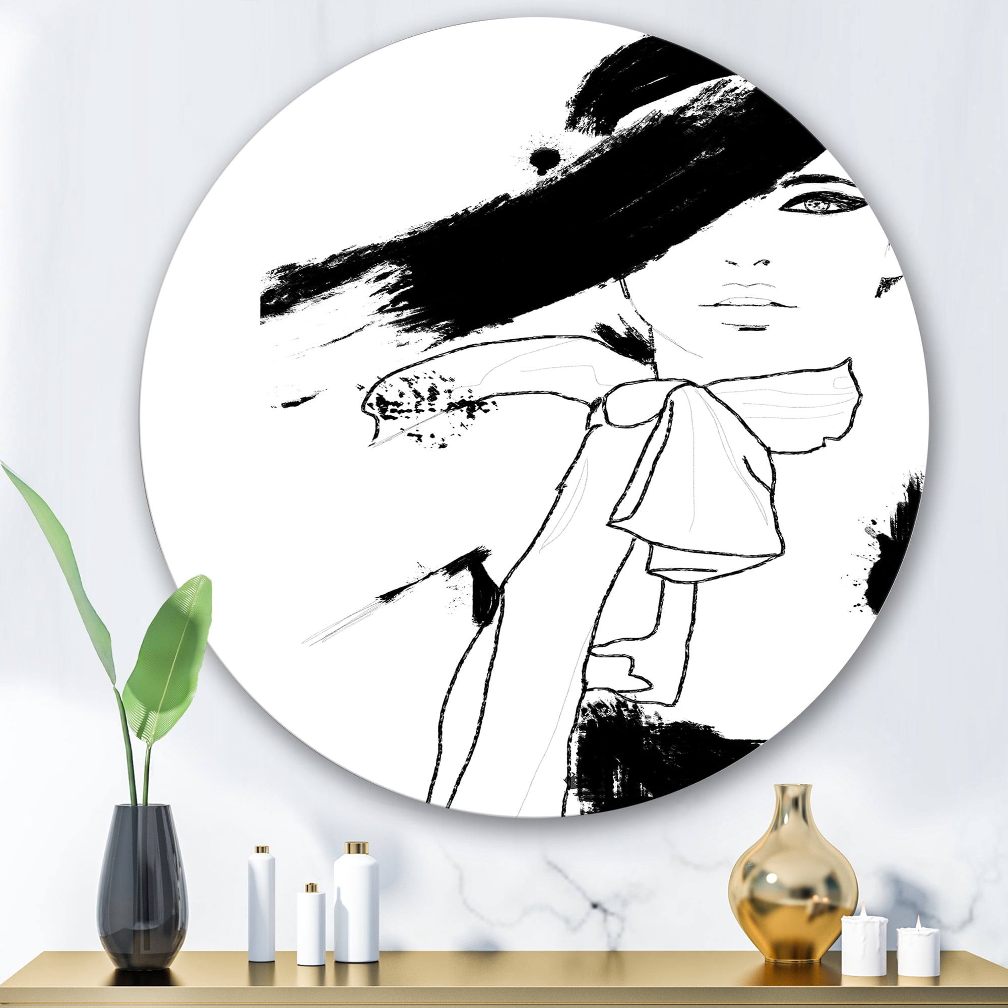 Designart 'Beautiful Black and White Model Haute Couture Fashion Woman I' Modern Circle Metal Wall Art 29x29 - Disc of 29