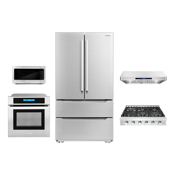 Cosmo 5 Piece Kitchen Package With 36" Slide-In Gas Cooktop 30" Single Electric Wall Oven 24.4" Countertop Microwave French Door Refrigerator & 24" Built-in Fully Integrated Dishwasher