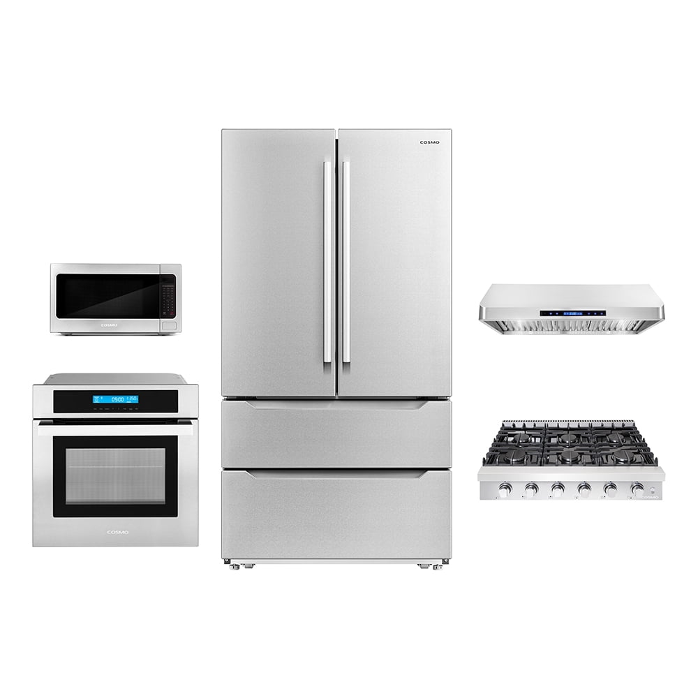 Cosmo 5 Piece Kitchen Package With 36" Slide-In Gas Cooktop 30" Single Electric Wall Oven 24.4" Countertop Microwave French Door Refrigerator & 24" Built-in Fully Integrated Dishwasher