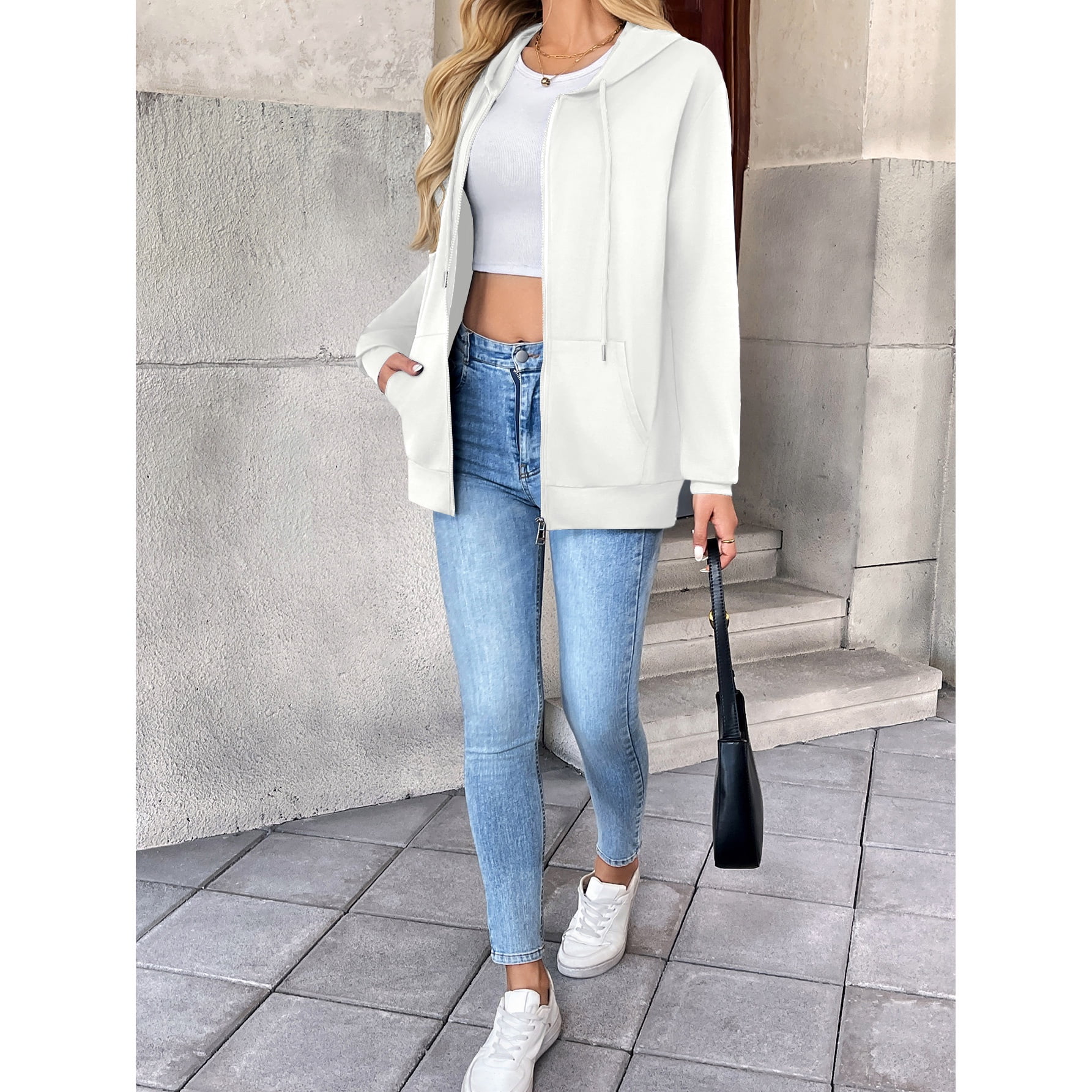 HOWCOME Women Casual Full Zip Up Hoodie - Lightweight Long Sleeve Sweatshirt Jacket with Pockets Fall/Winter Jacket, White 2X-Large