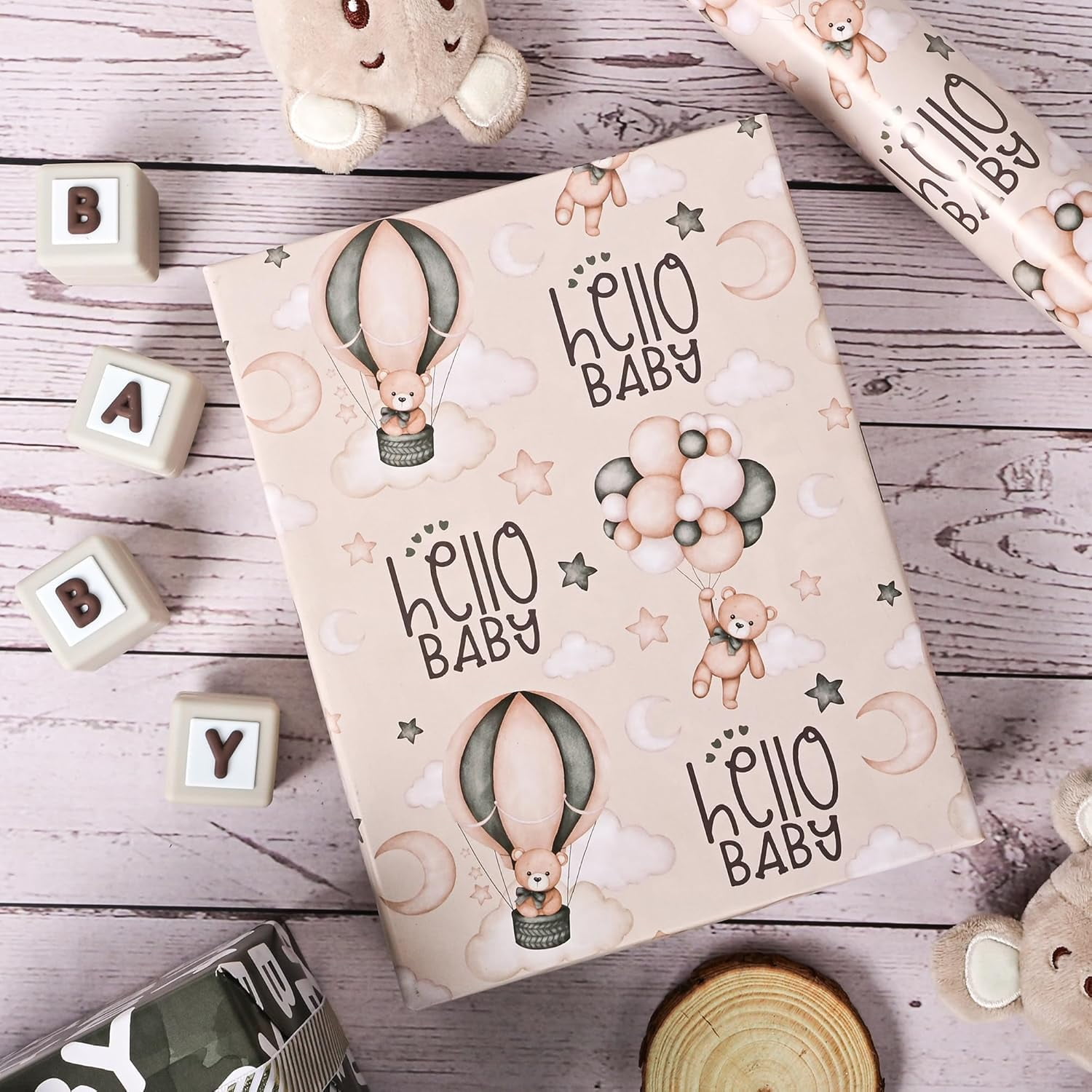 Reversible Baby Shower Wrapping Paper Roll Baby Gift Wrap with Green Brown Bear Balloons and Baby Words Pattern for Girls Boys Wedding Neutral Baby Shower Birthday Party - Total 28.5sq.ft