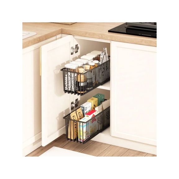 Pull Out Cabinet Organizer 2 Pack, Heavy Duty Carbon Steel Slide Out Drawers, Multifunctional Sliding Pantry Shelves For Kitchen Base Cabinet Organization
