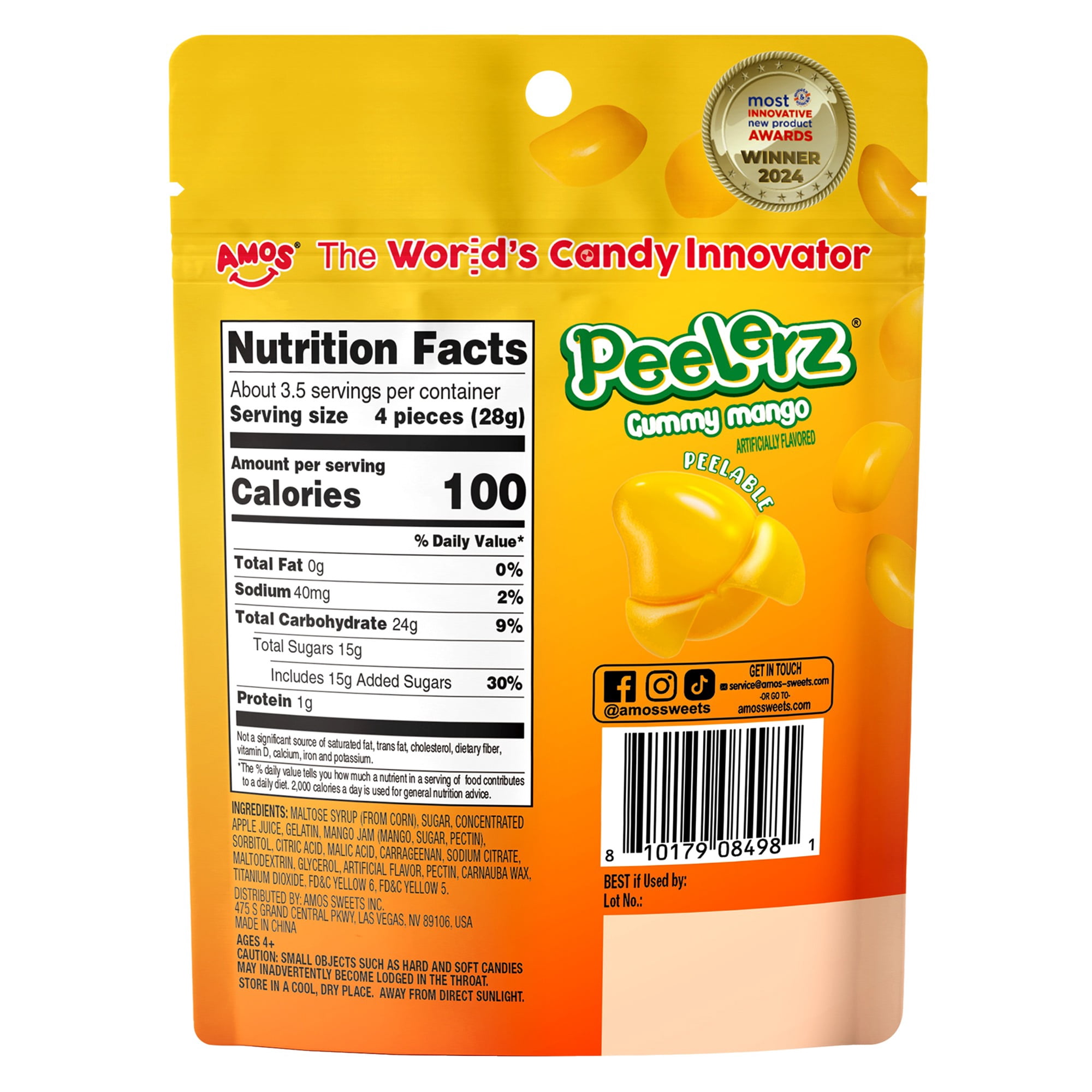 AMOS Peelerz Mango, Peelable Gummy Candy, Real Fruit Flavor, 1 Count, 3.5 oz Bag