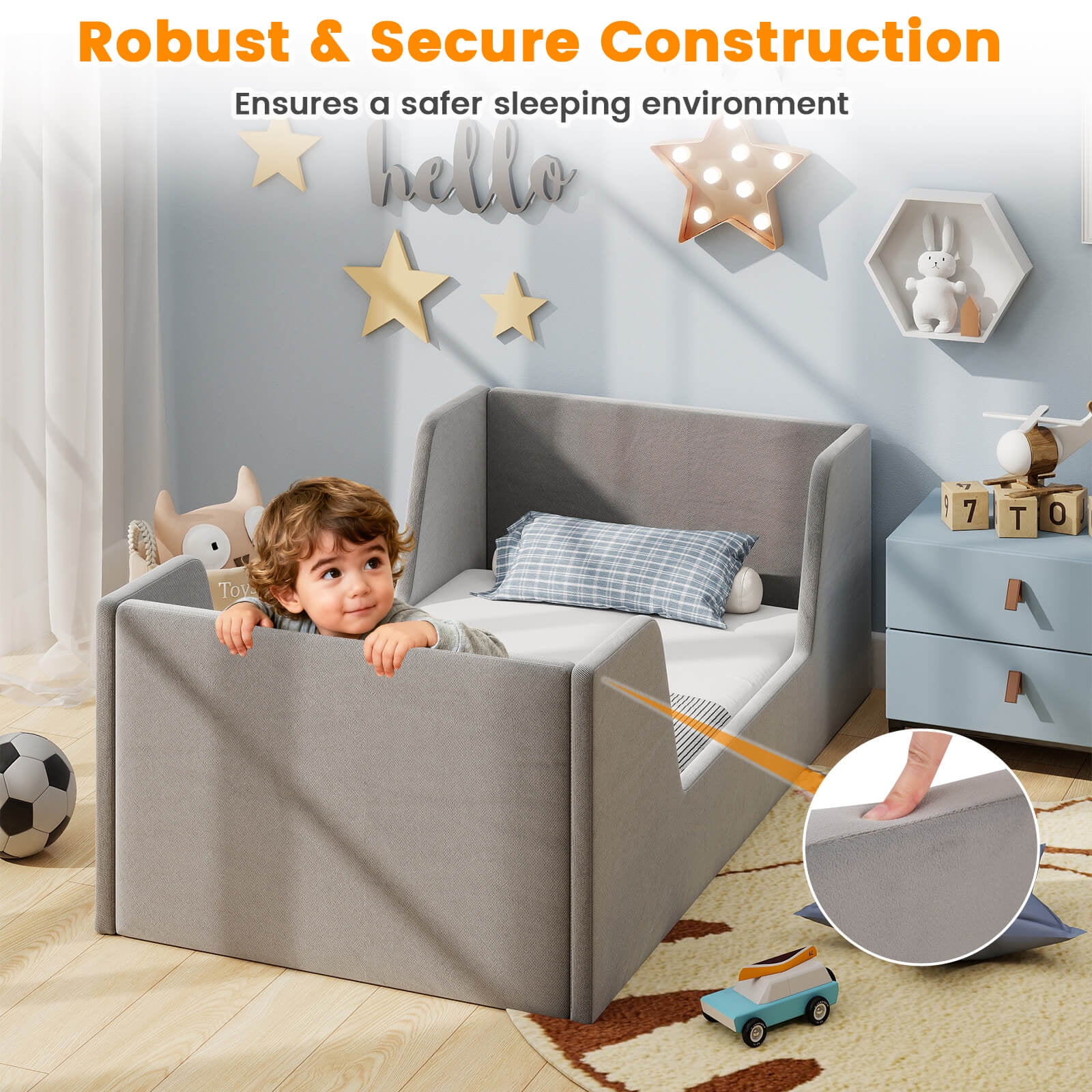 Costway Soft Velvet Fabric Upholstered Children Floor Bed with Safety Rails & Headboard Gray