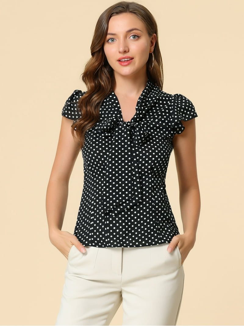 Unique Bargains Women's Polka Dots Blouse XS Black - Elegant