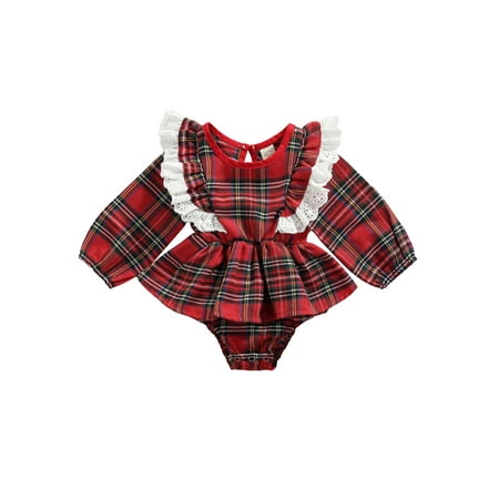 

Sunisery Christmas Ruffle Playsuit Plaid Long Sleeve XMAS Romper Outfits for Baby Girls Red 12-18 Months