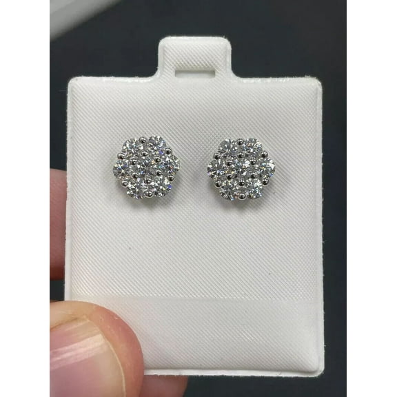 2 Ct Round Cut Moissanite Cluster Stud Earrings 14K White Gold Plated 925 Silver