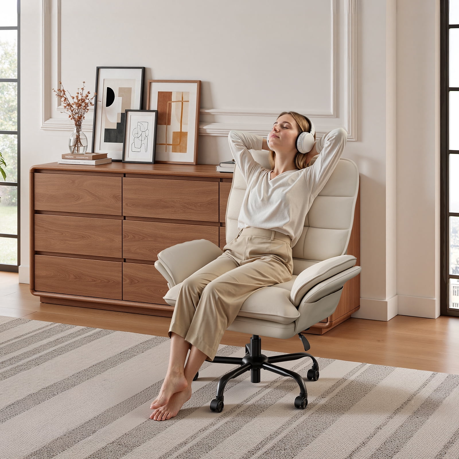Bestier Big and Tall Ergonomic Office Chair with Flip-Up Arms, PU Leather High Back Executive Swivel Desk Chair with Side Pockets & Headrest , Height Adjustable Computer Chair for Home, Beige