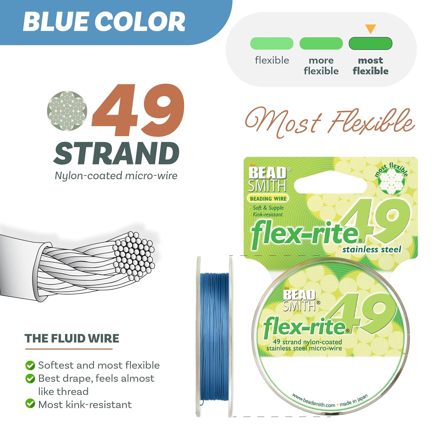 The Beadsmith Flex-Rite Beading Wire - 49-Strand, 0.014" (0.35 mm) Dia, Blue, 30 ft