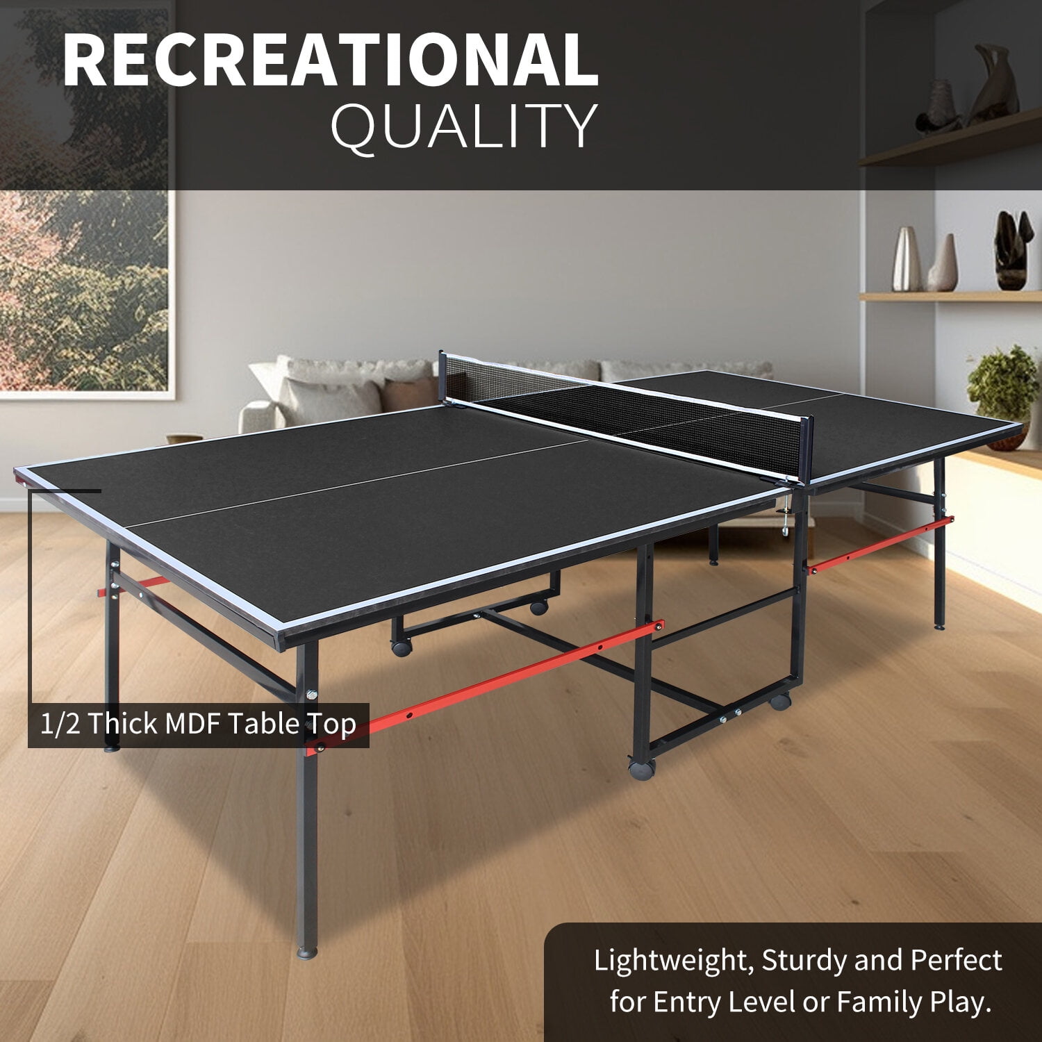 Table Tennis Table 8ft Black Mid-Size Table Tennis Table Foldable & Portable Ping Pong Table Set for Indoor Games with Net, 2 Table Tennis Paddles and 3 Balls,Indoor Ping Pong Table