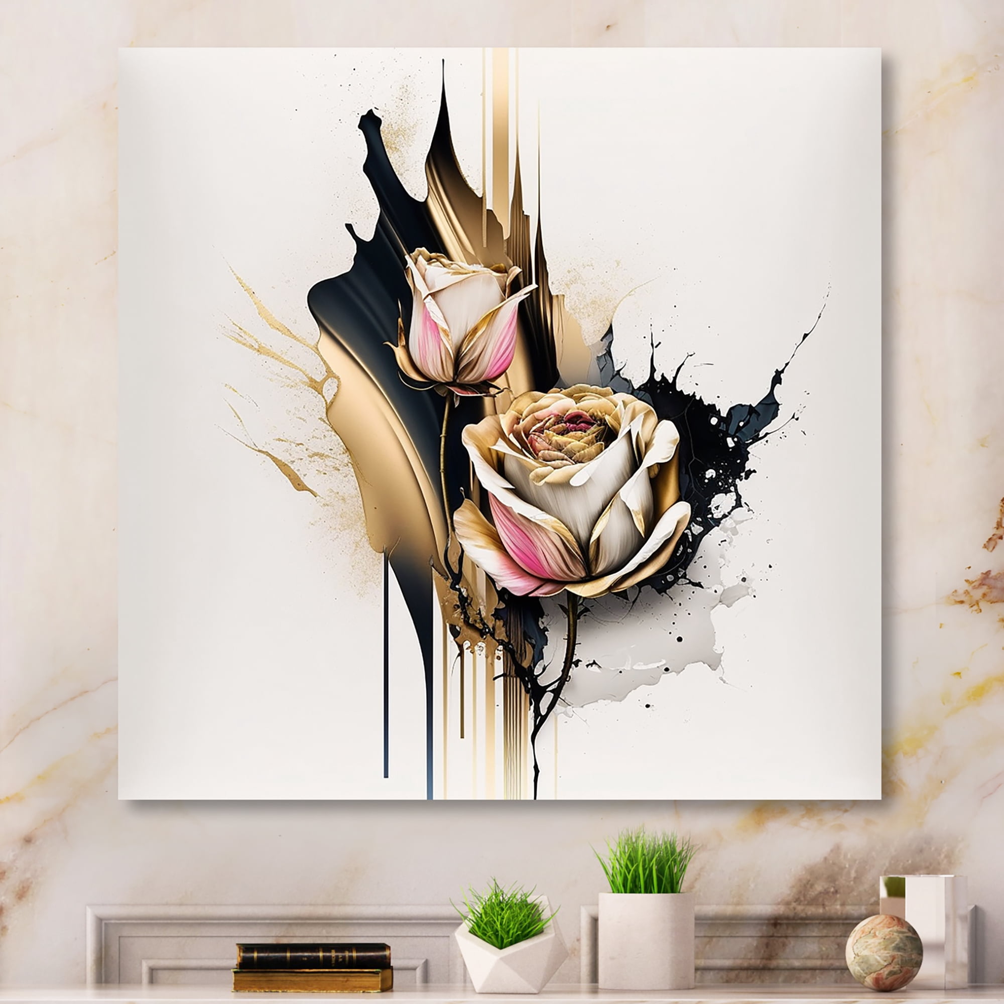 Designart Roses Flow Flower On Golden Beige Paint VI Canvas Wall Art