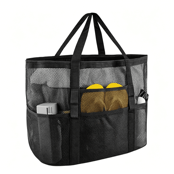 AOMRCOL Large Foldable Mesh Beach Bag for Women & Girls,Sandproof Beach Tote Bag with Zipper Pocket,Mesh Swimming Bag,Toys Pool Bag for Family Beach Trip & Cruise Essentials,Black