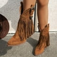 thumbnail image 3 of Women's Long Fringe Wide Calf Cowgirl Boots Boho Casual Suede Chunky Block High Heel Mid Calf Cowboy Dress Short Booties Brown Size 9.5, 3 of 8