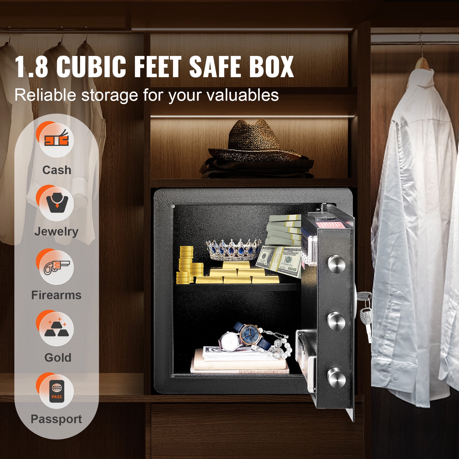 KFFKFF Safety Box, 1.8 Cubic Feet Residential Safe, Iron Security Safe with Numeric Keypad and Pair of Keys, Cupboard Safe with Fire-resistant Pouch, Safeguard Money, Precious Metals, Jewelry.