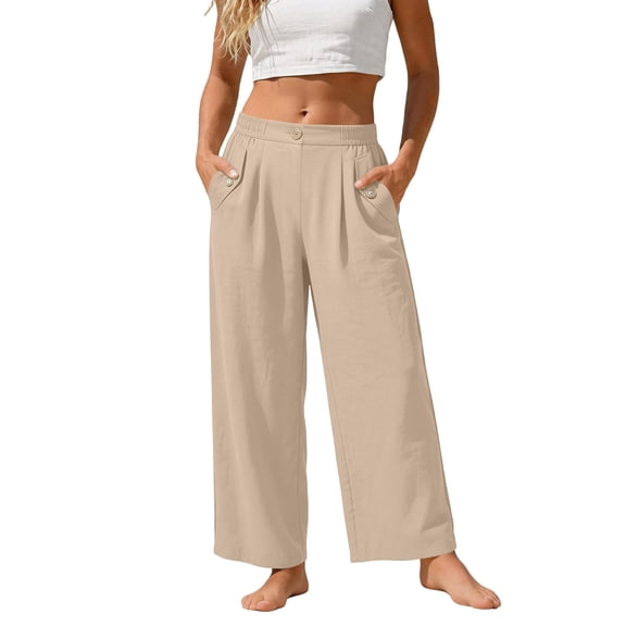 GUACER Women's Cotton Linen Wide Leg Pants Elastic Waist Button Pocket Trousers Loose Fit Casual Straight Leg Pants