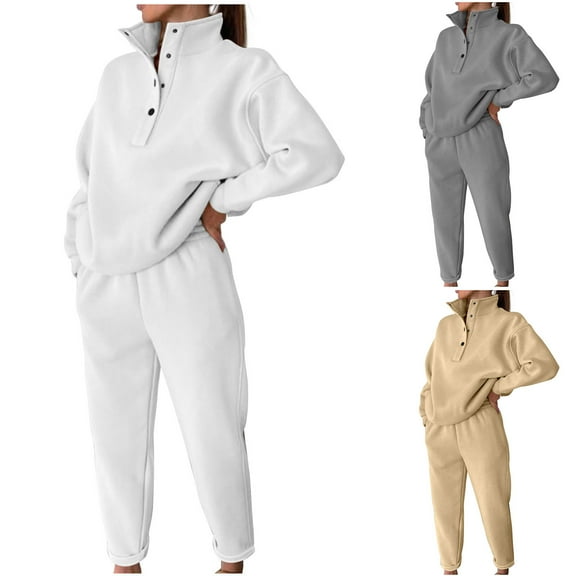 FRSASU Women's 2 Piece Outfits Solid Casual Lapel Button Sweatshirts and Wide Leg Pants Tracksuit Sets White