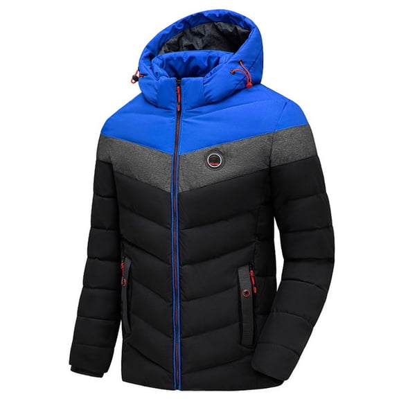 Men's Thickened Overcoat, Warm Winter Full Zipper Windproof Color Matching Detachable Hood Snow Jacket with Zippered Pocket