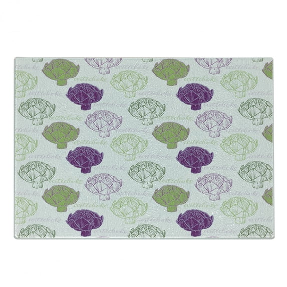 Artichoke Cutting Board, Sketch Style Vegetables Hand Drawn Style Exotic Tasty Healthy Food, Decorative Tempered Glass Cutting and Serving Board, Small Size, Lime Green and Purple, by Ambesonne