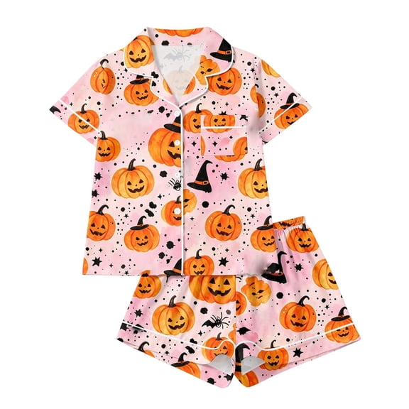 Summer Sales Womens Pajama Sets Satin Funny Pumpkin Print Fall Matching Loungewear Halloween Pajama Sets for Women 2 Piece
