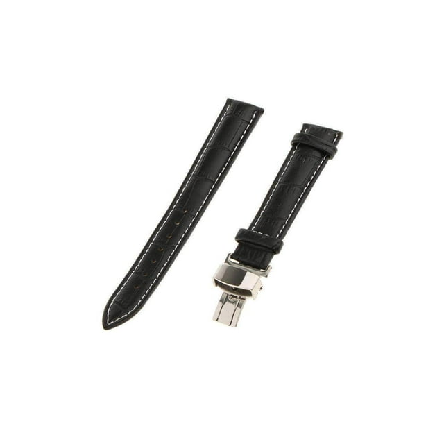 Leather Watch Band Butterfly Deployment Clasp Buckle Black-18mm-White thread