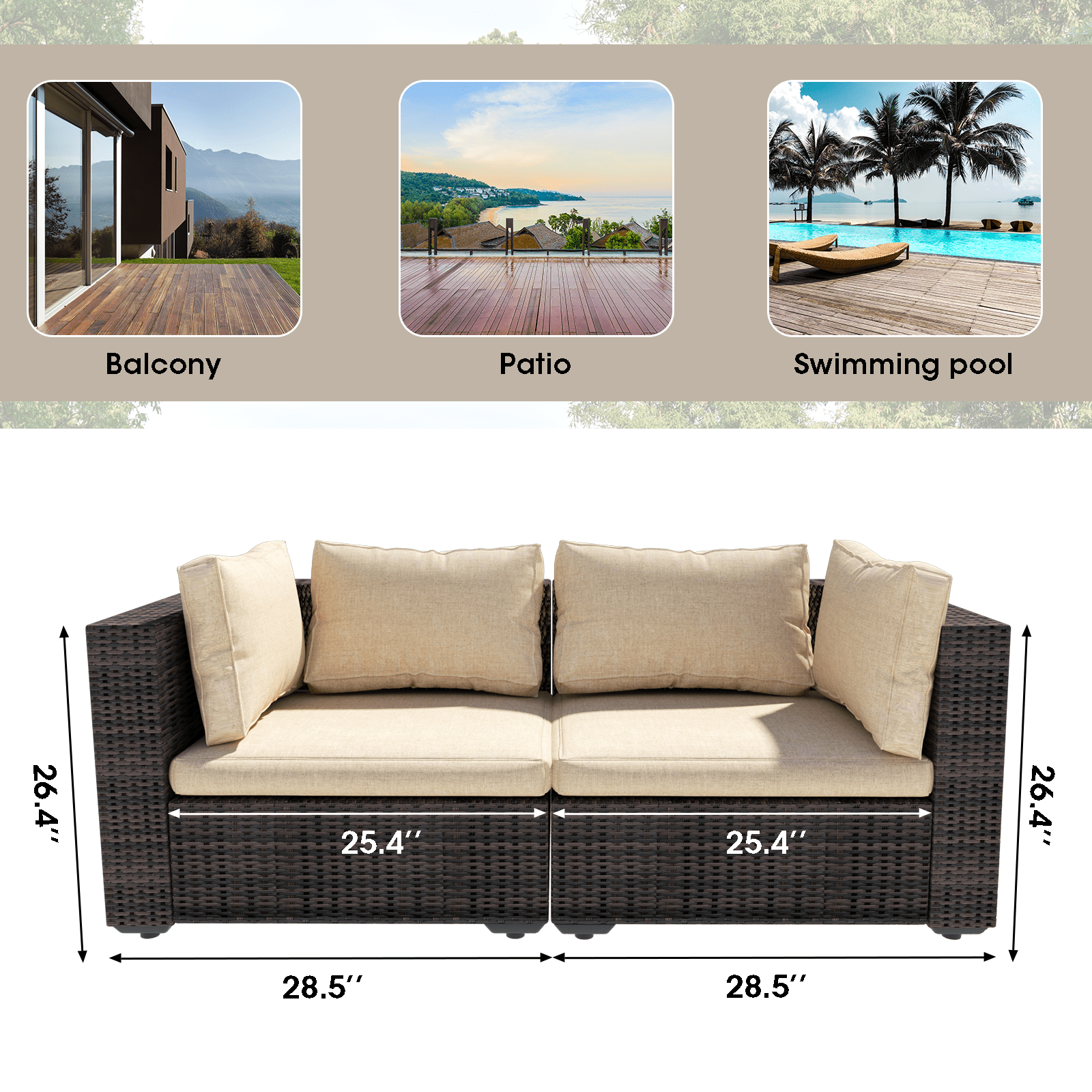 Grezone 5 Pieces Patio Furniture Set, All Weather Outdoor Sectional PE Rattan, Patio Conversation Sets with Cushions and Glass Coffee Table for Garden Lawn Balcony Porch Deck, Beige