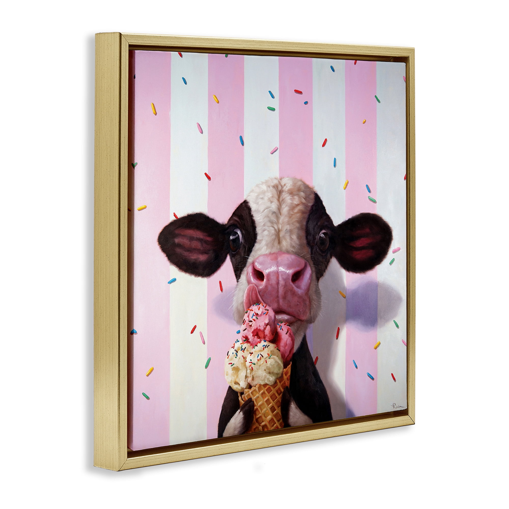Stupell Industries Cow with Ice Cream Cone Animals & Insects Painting Gold Floater Framed Canvas Art Print Wall Art, 18 x 18