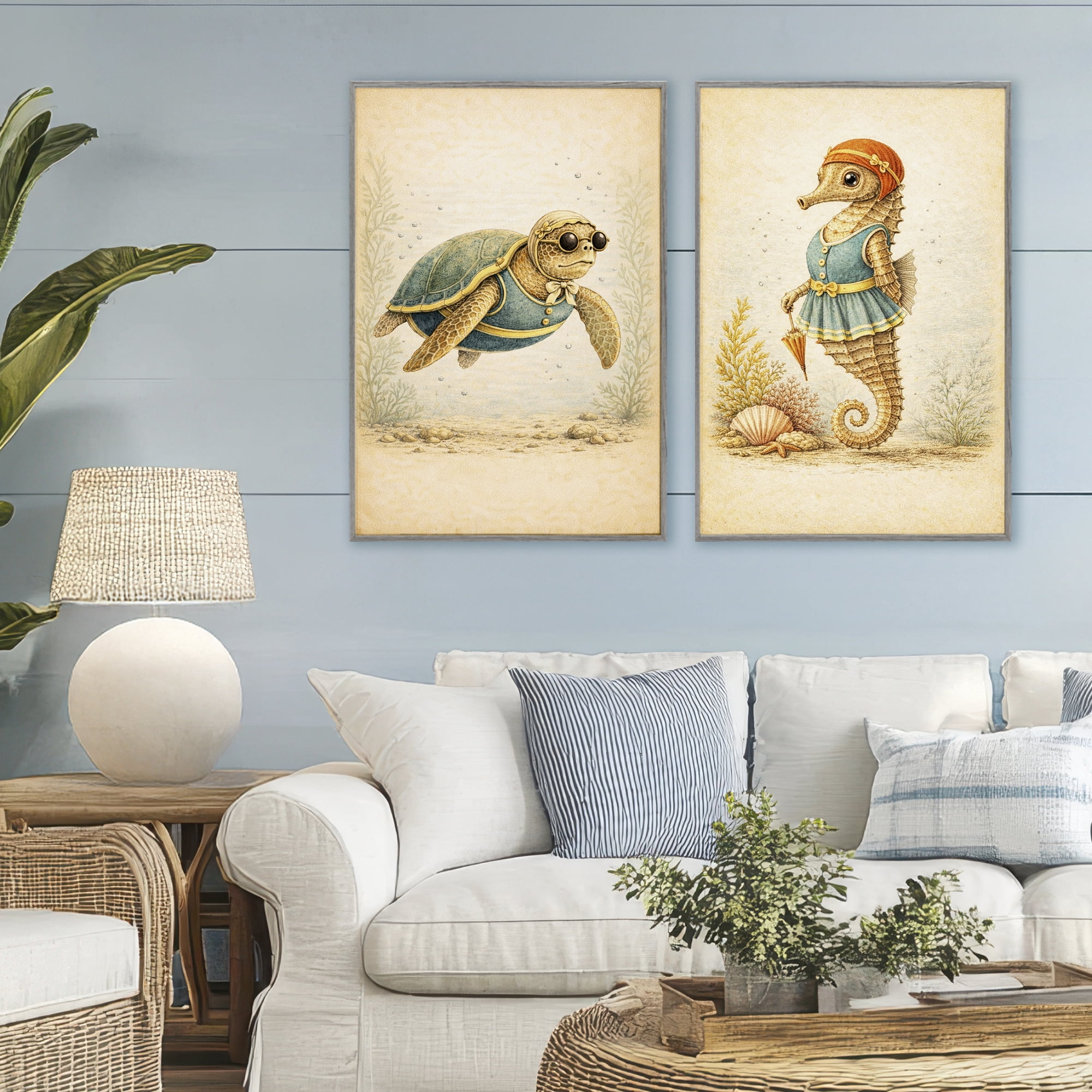Stupell Industries Vintage Maritime Bathing Animals 2 Piece Gray Framed Giclee Art Set, design by Grotto Studios