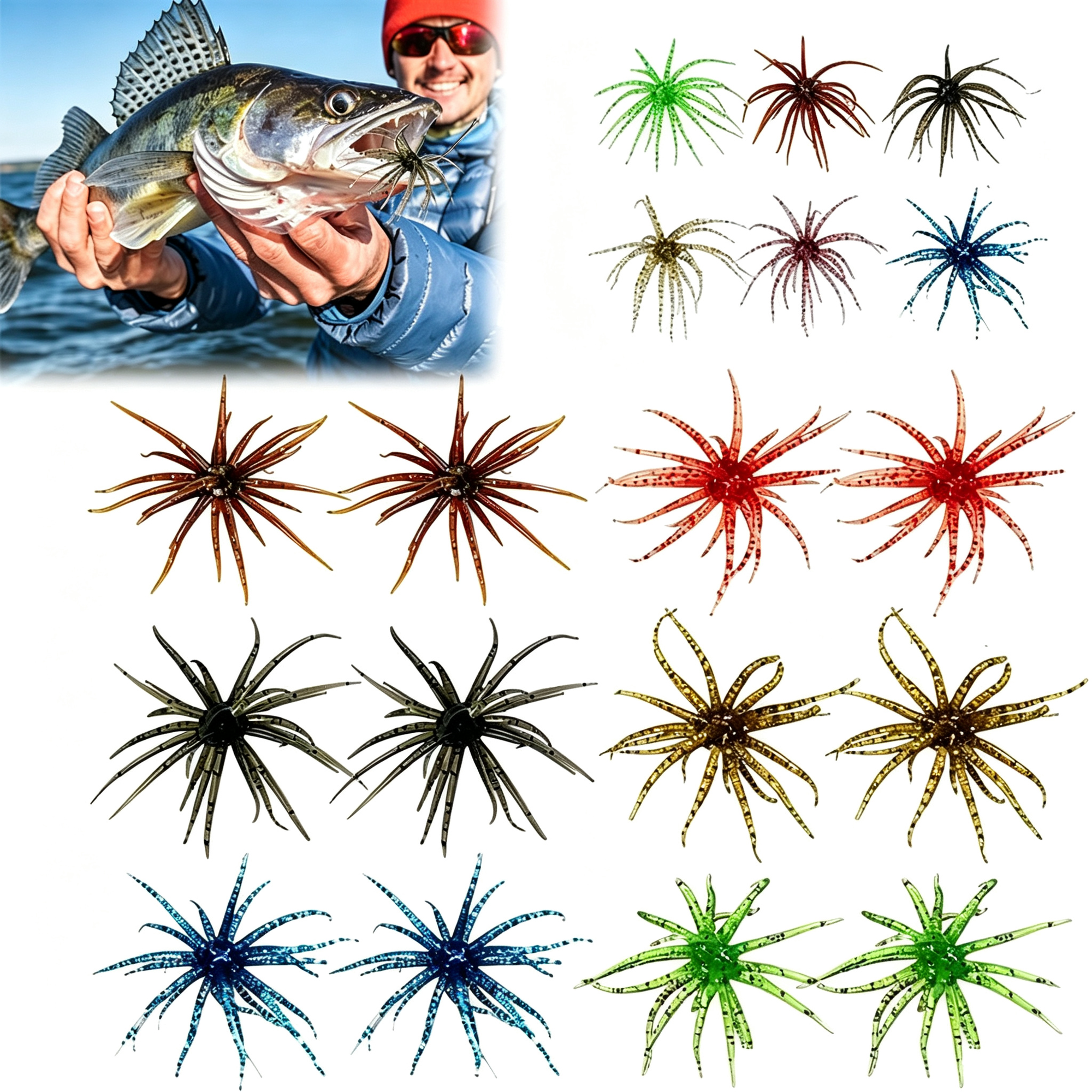 BESTSKY 12/24 Pack Sea Urchin Bait Realistic Fuzzy Dice Fishing Lure Soft Plastic Fishing Lure with Reflective Stars Artificial Worm Bait for Bass & Perch Finesse Slow Sinking