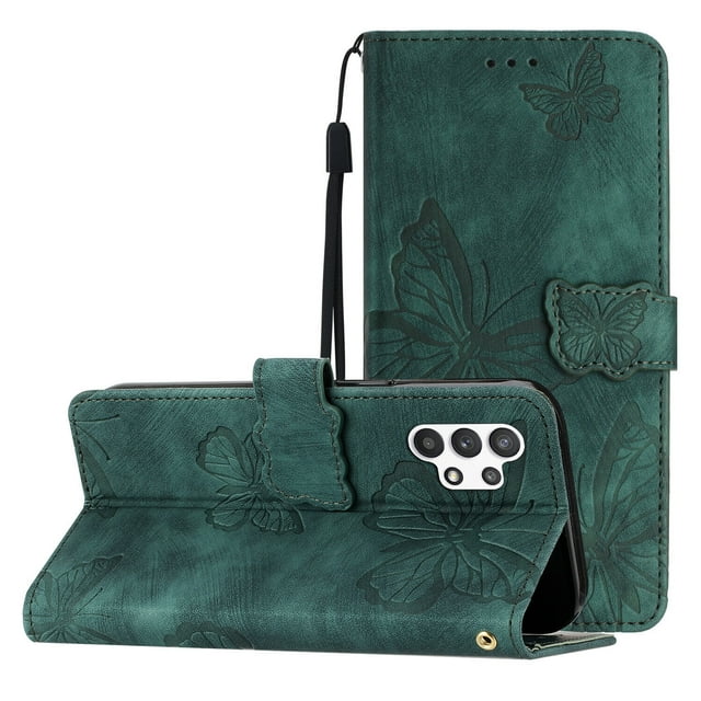 Compatible with Samsung Galaxy A32 5G Embossed Butterfly Case with Wallet and Kickstand Cover
