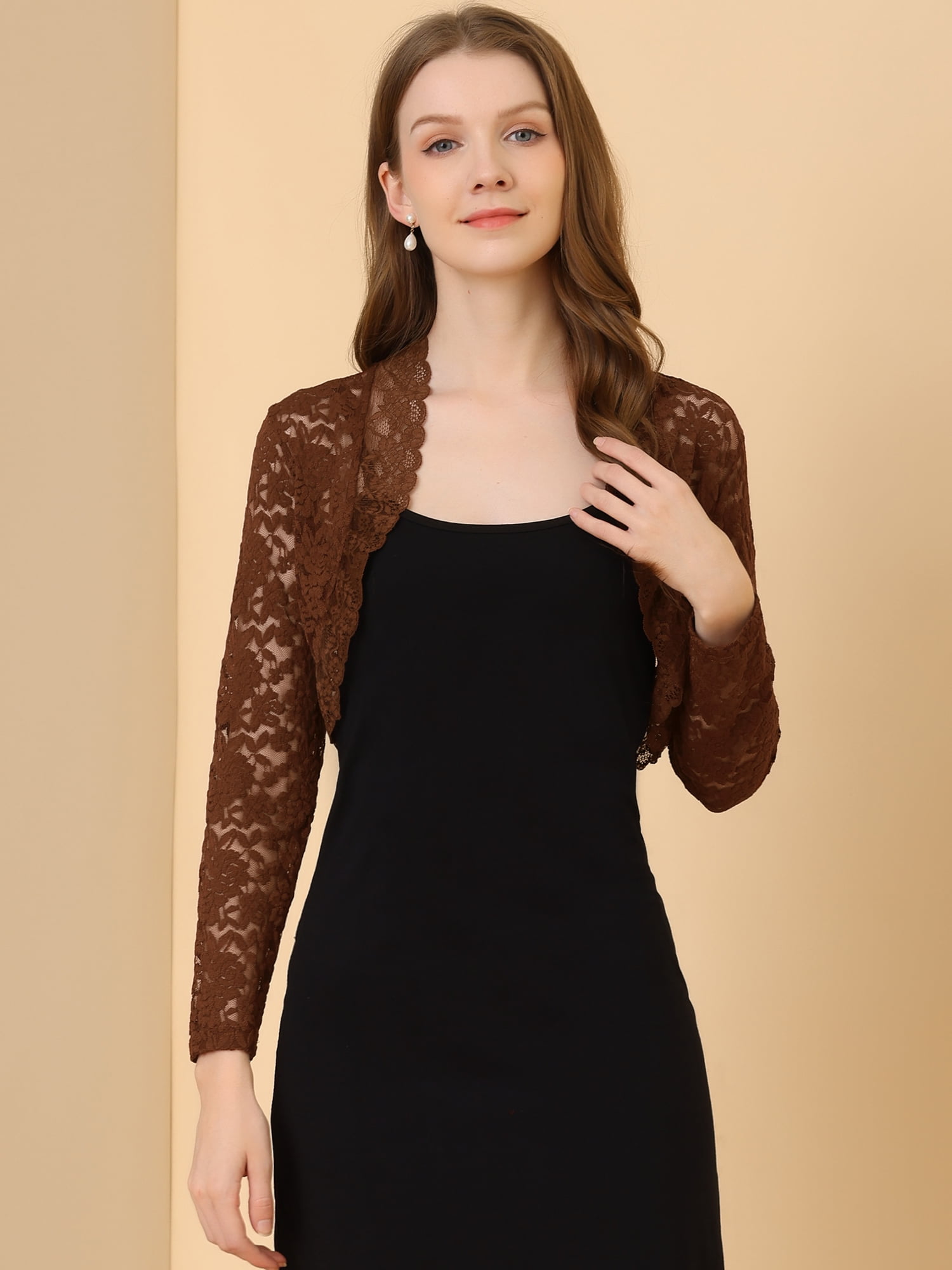DARING DIVA Women's Lace Bolero Shrugs Sheer Crop Cardigan L Brown