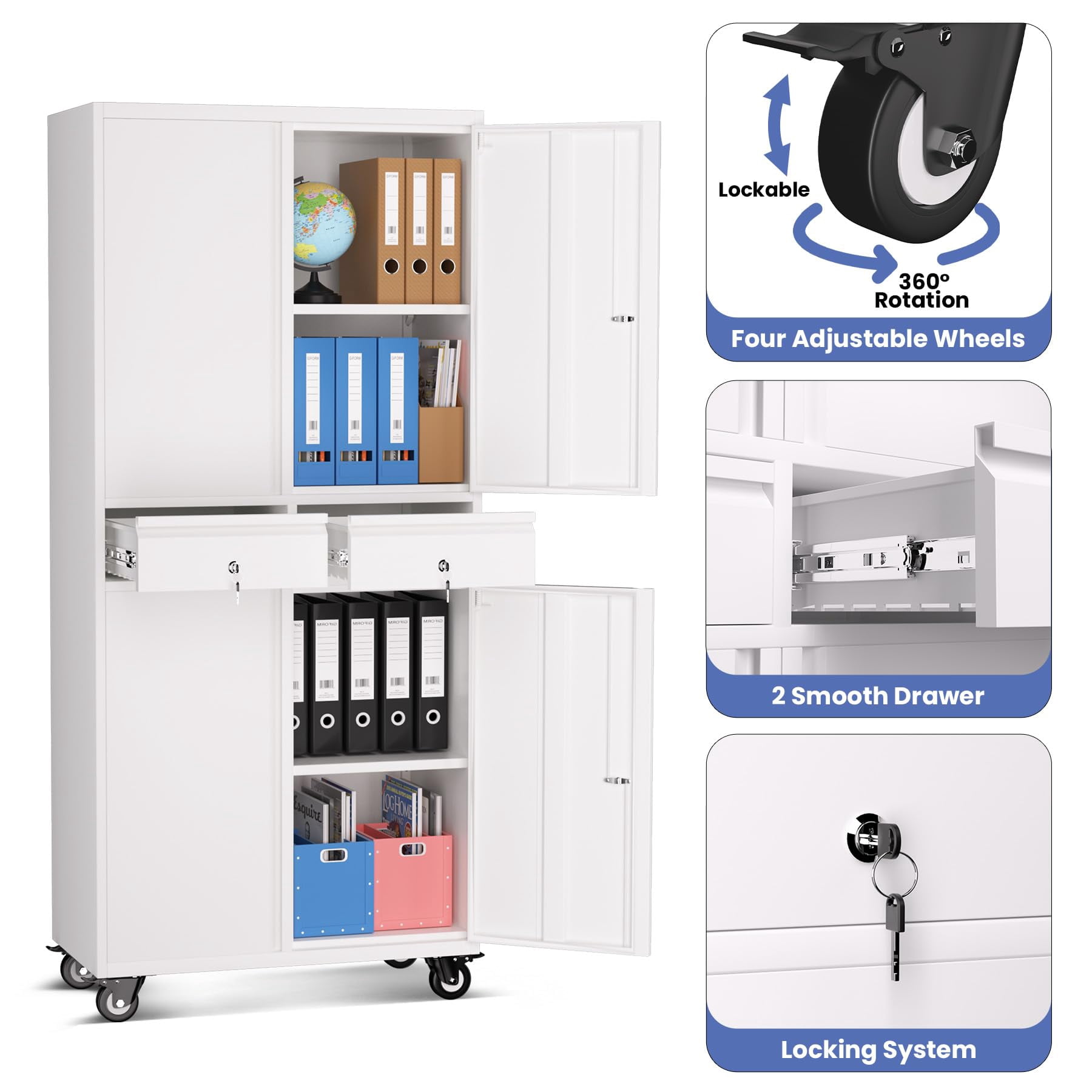 Heavy Duty 73'' Metal File Cabinet for Office & Workshop, 2 Drawers, Locking Doors, Adjustable Shelves, Mobile Wheels, Secure Steel Storage Cabinet