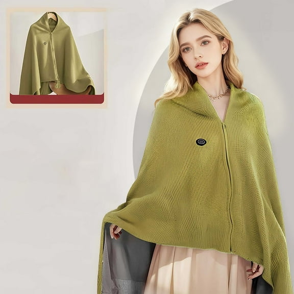 USB Heated Shawl Wrap for Women, Wearable Electric Blanket with Zipper & 3 Heat Settings, Soft Knit Cordless Heating Poncho for Home Office Travel, 31.5" x 59" (Green)