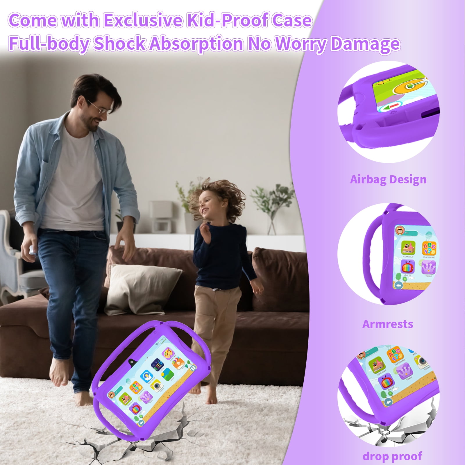 Kids Tablet 7 inch Android for Toddler, 6GB RAM 32GB ROM Bluetooth IPS Screen Parental Control Dual Camera Shockproof Case for Educational Games (Purple)