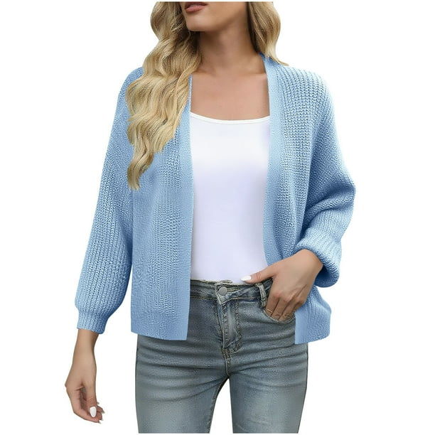 Suéter de cuello en V para mujer, cárdigan de punto grueso con mangas abullonadas y bolsillo estilo invernal, abrigo de poliéster para mujer.