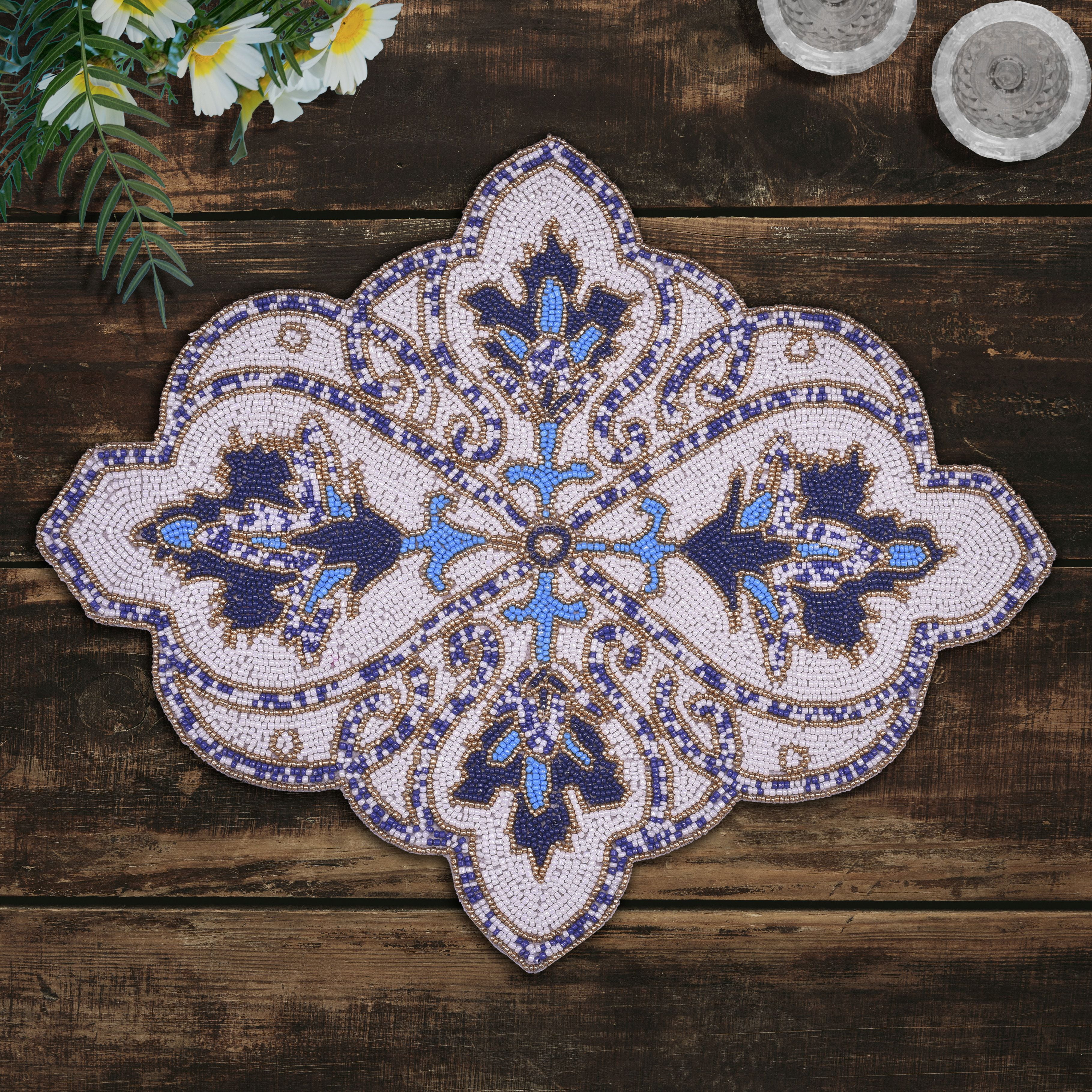 Blue White Beaded Placemats for Fall Autumn Thanksgiving Dining Table Scratch Heat Resistant Charger Mats Kitchen Décor Set of 4