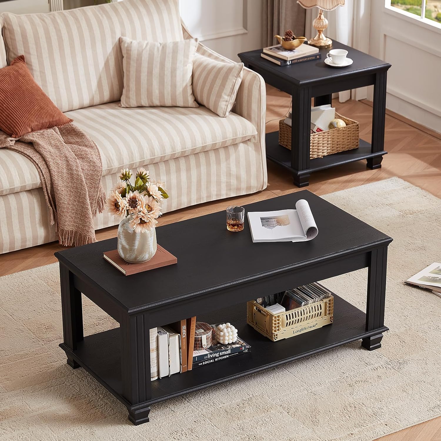 LELELINKY Wood 3-Piece Table Sets Includes TV Stand, Coffee Table, and 2 End Tables Home Accent Furniture for Living Room, Black