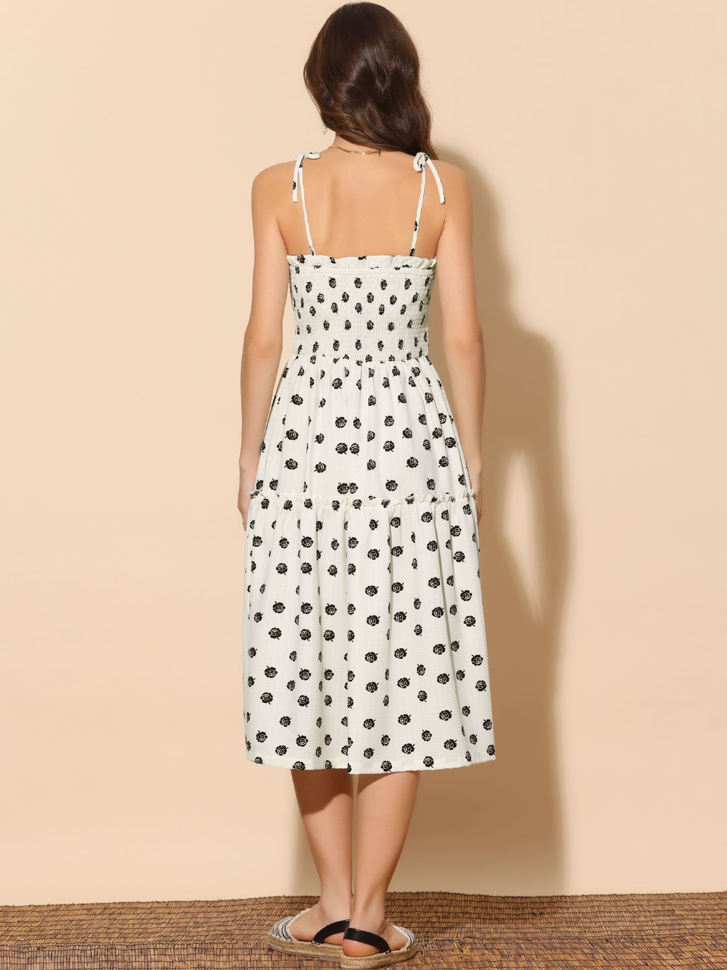 DARING DIVA Smocked Spaghetti Strap Sleeveless Tiered Floral Midi Dress XL Beige