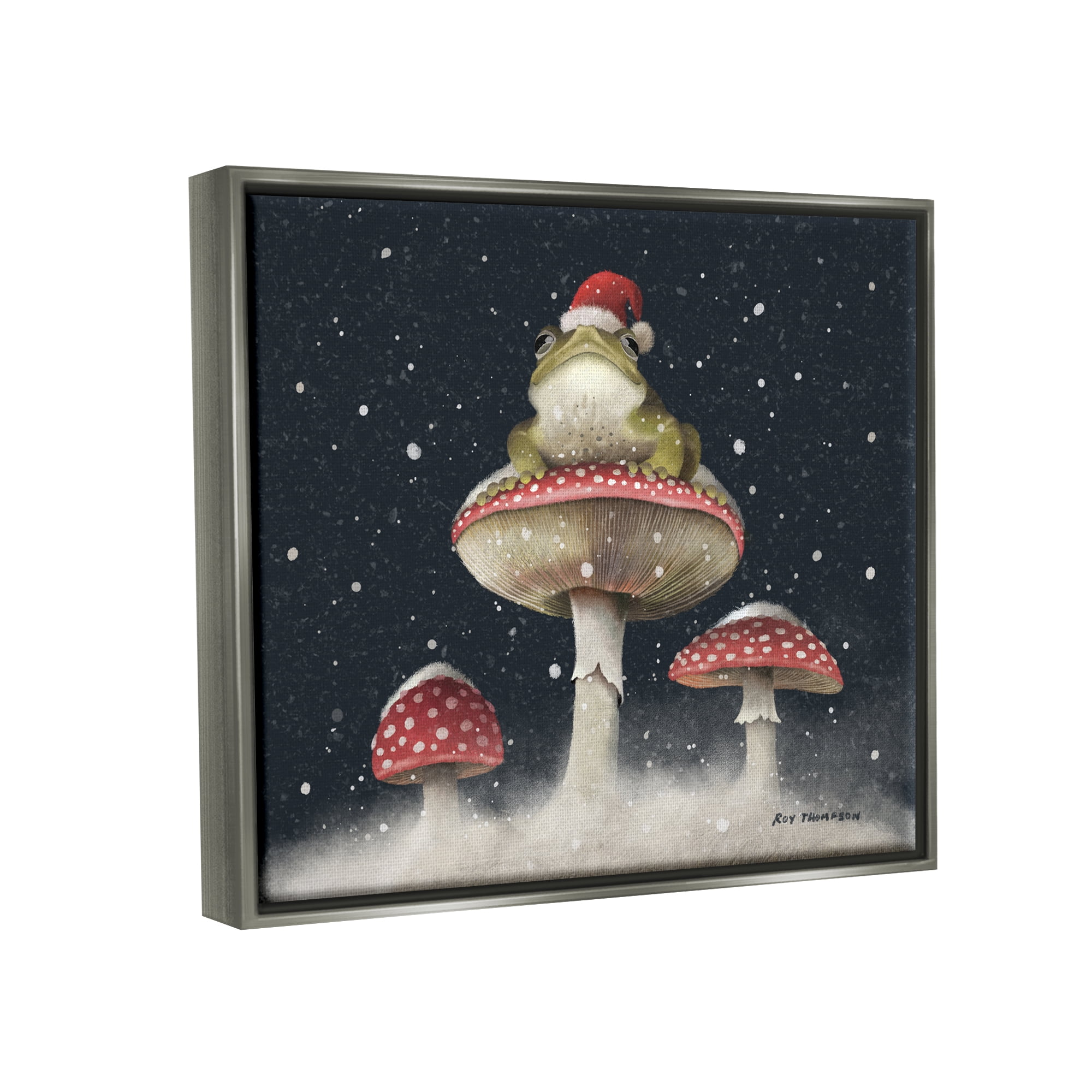 Stupell Industries Frog In Santa Hat Snowy Mushrooms Holiday Painting Gray Floater Framed Art Print Wall Art