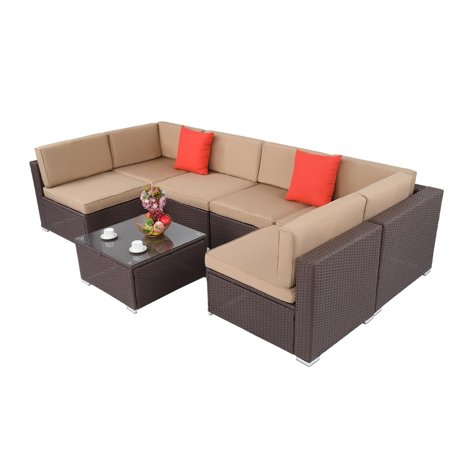 UBesGoo 7 Pieces Patio PE Rattan Sofa Chair Set Outdoor Sectional Brown
