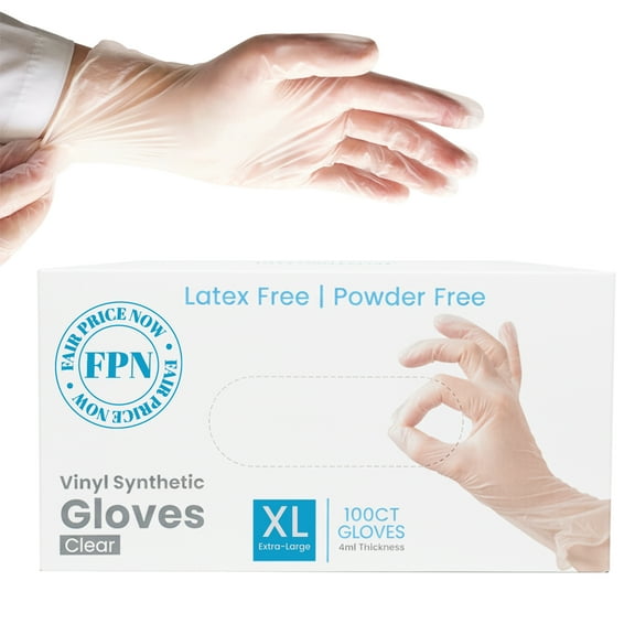 FPN Vinyl Synthetic Gloves, Clear, Powder-Free & Latex-Free – Extra Large 100 Count Box, Disposable, 4 Mil, Gloves for Cleaning, Cooking, Salon, Pet Care