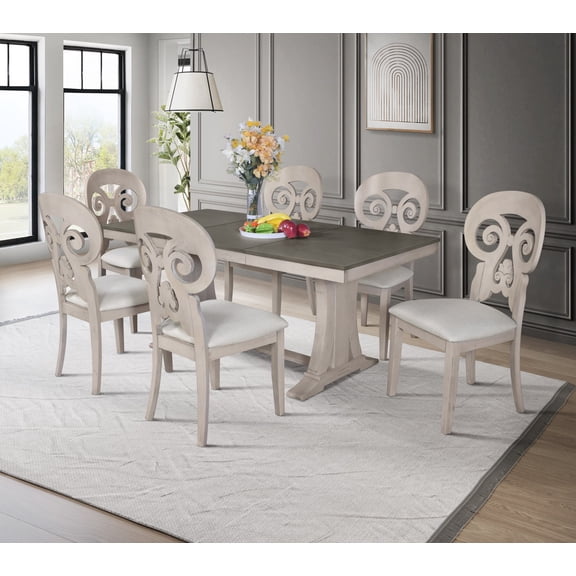 Home Design Rahma 7-Piece Dining Set, Warm Gray/Taupe, Rectangular Table with Decorative Back Cushioned Chairs, Classic Style