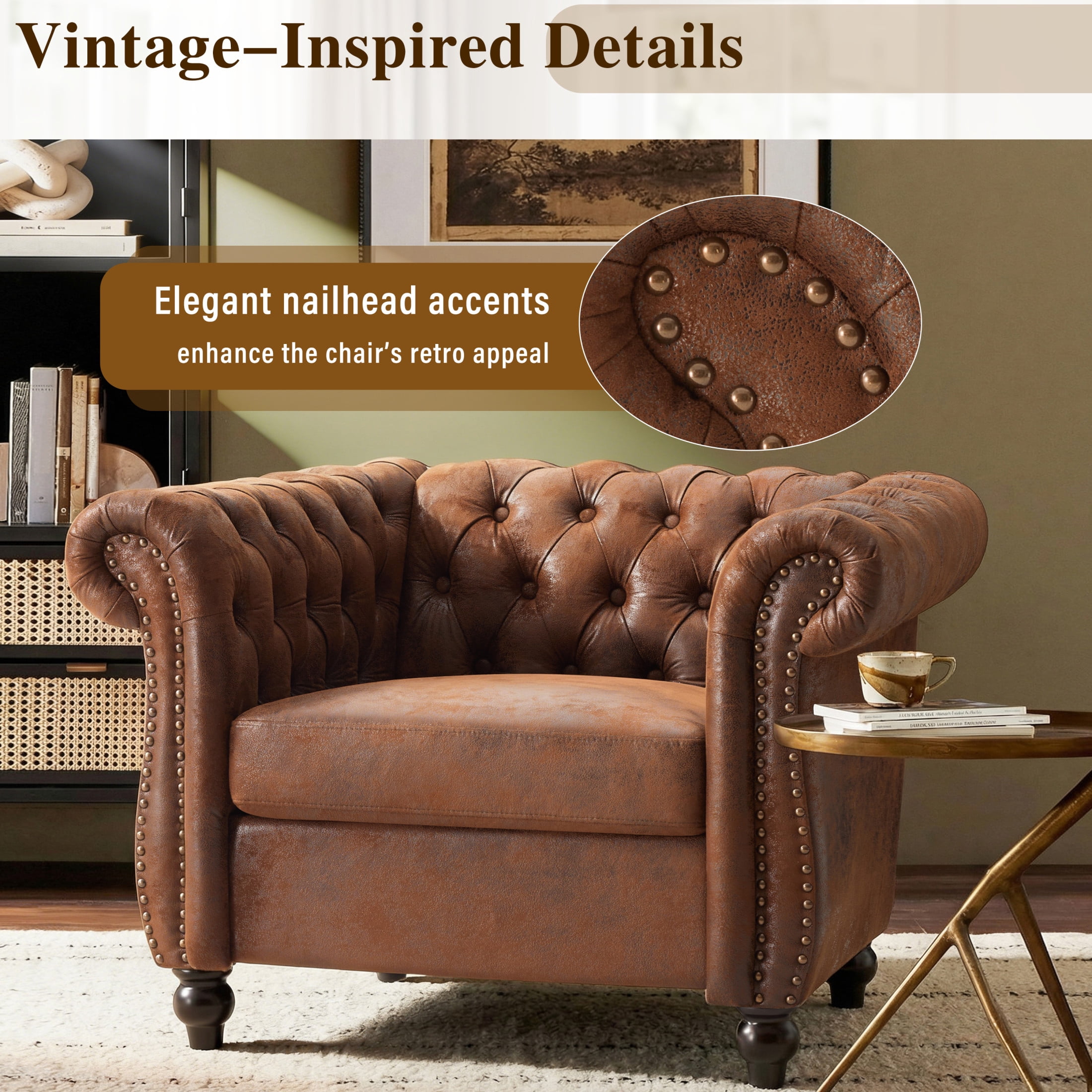 Christopher Knight Home Chesterfield Club Chair with Scrolled Arms and Solid Wood Legs, Brown