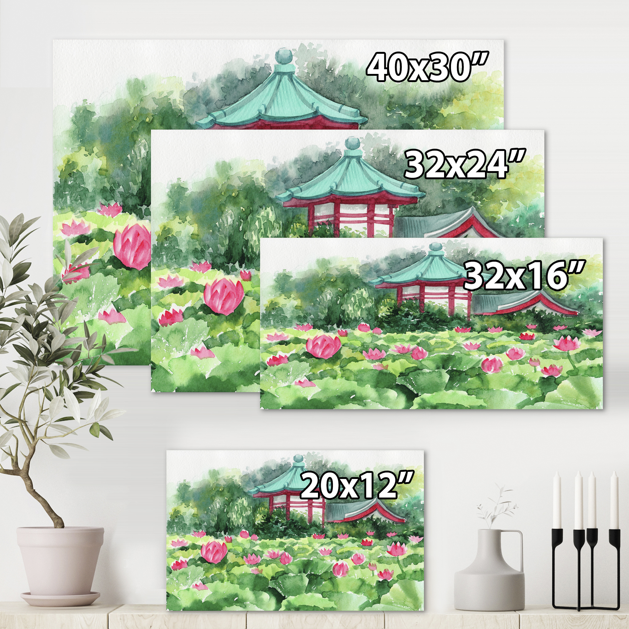 Designart ' Pagoda and Lotus Lake ' Traditional Canvas Wall Art Print