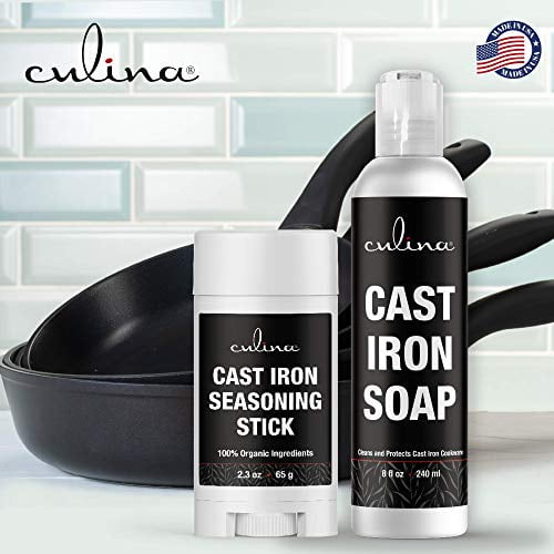 Culina Cast Iron Soap Set & Conditioning Oil & Stainless Scrubber | All Natural Ingredients | Best for Cleaning, Non-Stick Cooking & Restoring | for